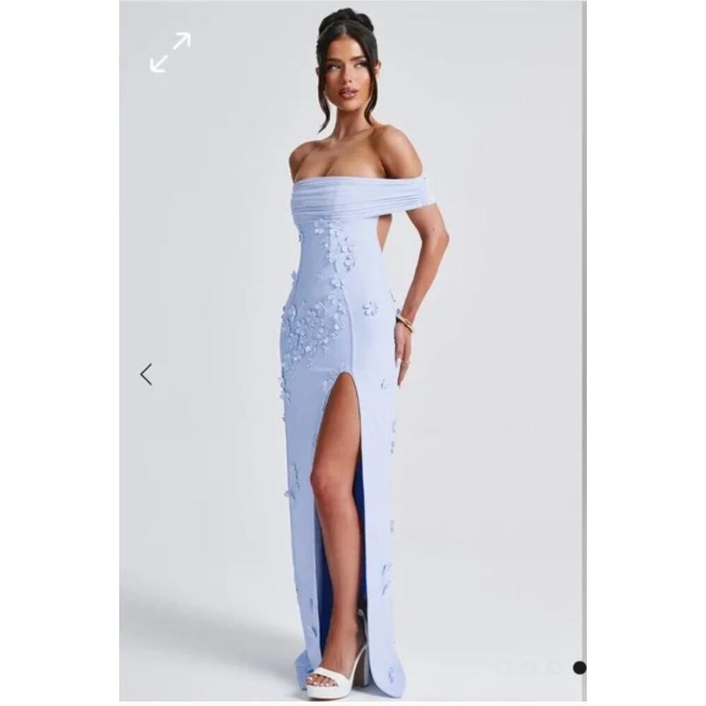 Off-Shoulder Light Blue Embellished Midi Dress